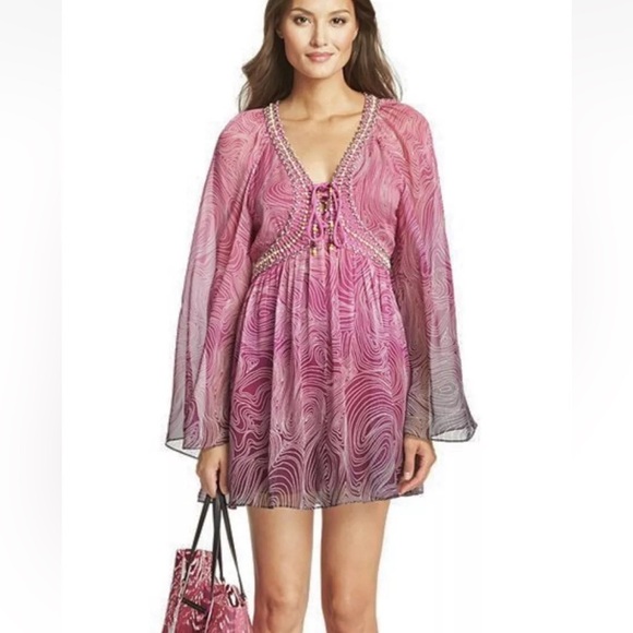 DVF Gwendolyn Lace-Up Beaded Chiffon Tunic Dress Size 12 $398 - Picture 2 of 5